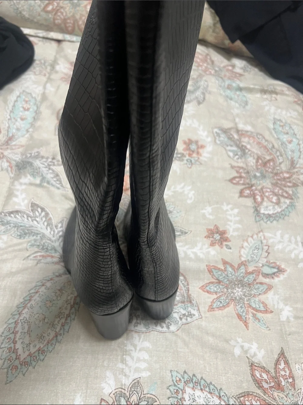 Black Croc-Embossed Knee Boots - Women's Fashion Boots